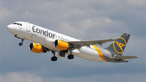 Condor 飛機在陰天中放下起落架攀升