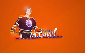 曲棍球球員 Connor McDavid 身穿油人隊球衣，在橙色背景上手持球棍，帶有選秀文字。 — 康納·麥格雷戈 壁紙