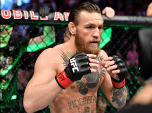 Conor McGregor 在UFC八角籠中，戴著手套，紋身可見