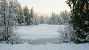 冬日樹木和遠山環繞的白雪覆蓋的冰凍湖泊。