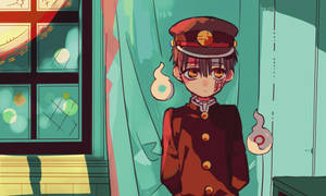 穿紅色制服的動漫男孩，在青綠色房間窗邊有發光球體。