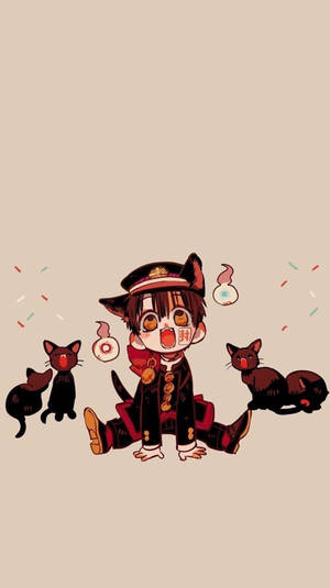 穿制服的可愛動漫男孩驚訝地與黑貓和漂浮的冬甩在一起。