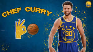 史提芬居里身穿金州勇士隊球衣，帶有「Chef Curry」字樣和籃球圖案。