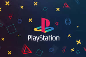 PlayStation 標誌被深藍色背景上漂浮的幾何形狀包圍。