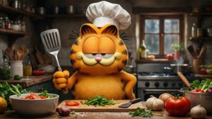 戴著廚師帽的貓加菲貓在一個有蔬菜的廚房裡手持鍋鏟。 — 加菲貓 壁紙