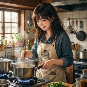 女士在舒適的廚房裡穿著有貓咪圖案的圍裙做飯