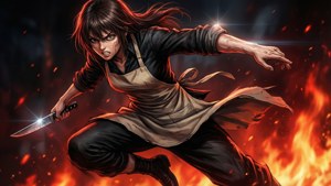 動漫女戰士在火焰爆炸中揮舞著刀。