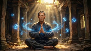 一位長者在陽光明媚的古老廢墟中冥想，伴有發光的藍色球體。