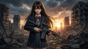 穿校服的女孩在夕陽下站在被毀的城市中手持步槍
