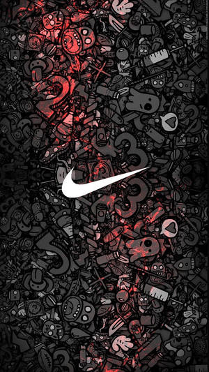 帶有白色Nike標誌的黑紅卡通塗鴉背景。