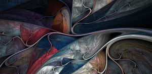 深藍、紫和紅色調中帶有金屬光澤的鮮豔漩渦狀分形圖案。