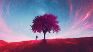 一個人在漩渦狀星空下，站在紅色田野上發光的樹下。