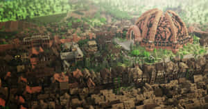 Minecraft村莊，有圓頂建築和周圍房屋 — 我的世界 壁紙