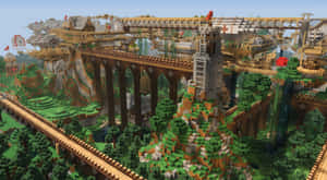 Minecraft世界，有木橋同漂浮結構喺綠色山谷之上。 — 天際線 壁紙