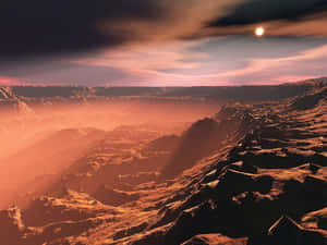 日落時分的外星峽谷景觀，帶有發光的太陽和橙色薄霧。 — 火星 GIF 壁紙