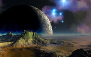 外星行星景觀，天空中有發光的星星和紫色星雲。 — 太空美學 GIF 壁紙