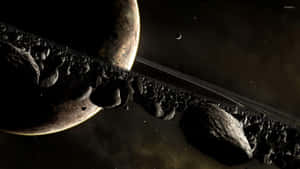 一個宇宙場景，包含小行星帶和深空中的帶環行星。 — 昏暗 壁紙