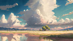 在廣闊的天空下，樹木和雲彩倒映在水中的寧靜景觀。 — 水彩 壁紙