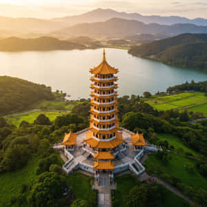 綠色山丘上的金色寶塔，俯瞰湖泊和山脈的日落景色 — 建築 壁紙