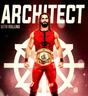 摔角手 Seth Rollins 身穿紅色裝備，手持冠軍腰帶，背景帶有發光的星爆設計。