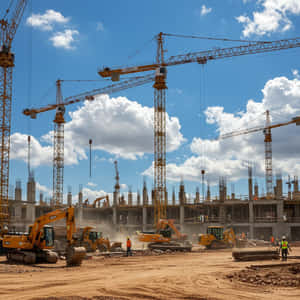 藍天白雲下的建築工地，有起重機和挖掘機 — 建築 壁紙