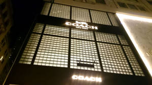 夜晚的 Coach New York 商店，帶有發光的玻璃磚窗。