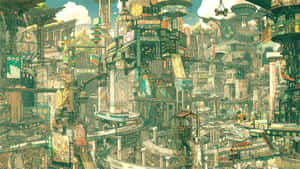 未來城市，分層建築物和霓虹燈招牌在明亮的天空下。 — 建築 壁紙