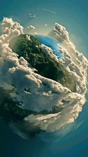 一個被雲層覆蓋的行星，上方有一架飛機飛過。