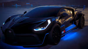 黑色Bugatti超跑帶藍色燈光夜間停泊在水邊。