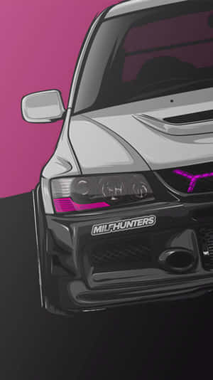 銀色跑車，帶有紫色燈光和 'MILFHUNTERS' 徽章，背景為粉紅色。 — Jdm 美學 壁紙