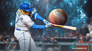 棒球運動員在星空夜晚球場場景中向行星揮棒。