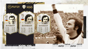 FIFA 21 Icon 100球員卡， featuring 碧根鮑華和復古足球慶祝照片。
