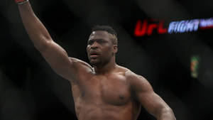 UFC拳手在八角籠內舉臂慶祝勝利。