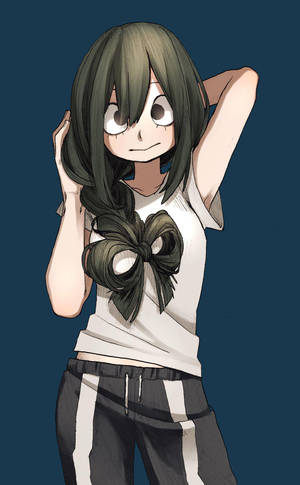 綠色頭髮和蝴蝶結的動漫女孩微笑著，雙手放在腦後擺姿勢。
