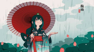 動漫女孩穿和服在雨中花園撐紅傘，有蓮花。