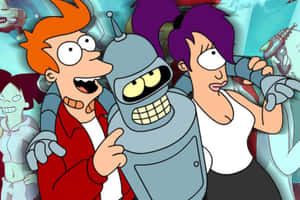 《飛出個未來》角色 Fry、Bender 和 Leela 與機械人和外星同伴在卡通場景中。