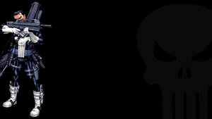 黑白戰術裝備的懲罰者手持步槍，身後有骷髏標誌。