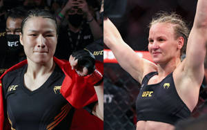 兩名女性MMA拳手在UFC八角籠中慶祝勝利。