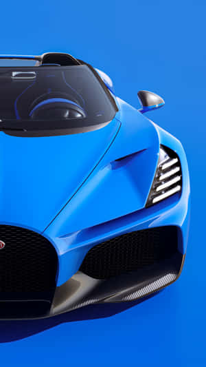 藍色Bugatti跑車近距離特寫，帶有碳纖維細節。