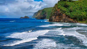 海浪拍打著覆蓋綠色植被的岩石懸崖。 — 夏威夷 壁紙