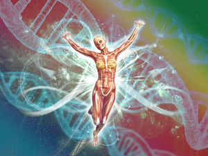 人體解剖模型高舉雙臂，被宇宙色彩的DNA鏈條環繞。 — 健身 壁紙