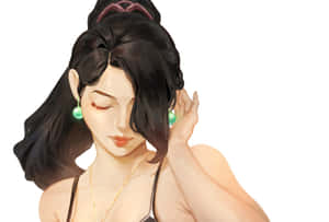 深色頭髮和綠色耳環的動漫女性觸碰她的耳朵。