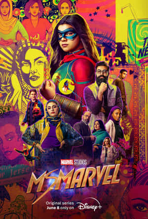 Ms Marvel 超級英雄海報，多元演員陣容同鮮豔拼貼背景。
