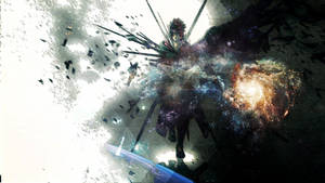 太空中的戰士手持劍，被宇宙碎片和發光星雲包圍。