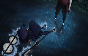 動漫戰士在雨中被打敗，天空陰暗，帶有發光效果
