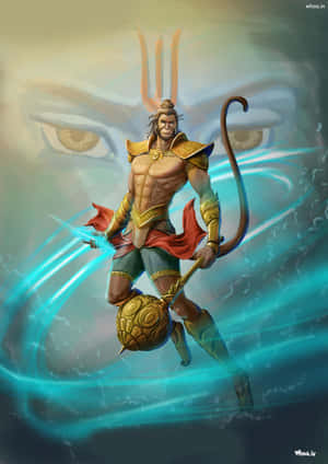 穿著金色盔甲的猴神戰士，在神聖眼睛的背景下揮舞著發光的法杖。 — Oppo Pad 4 Pro 壁紙