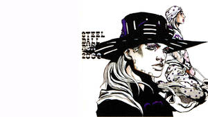 兩個動漫角色穿著星形圖案服裝和寬邊帽，配有粗體文字。 — Johnny Joestar 壁紙