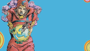紅色服裝的動漫角色手持帶有騎手的地球儀，周圍漂浮著頭部，背景為藍色。 — 型格藍色動態 壁紙