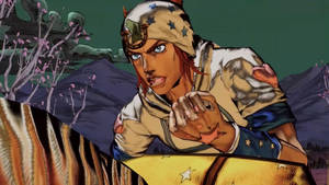 動漫角色穿著星形圖案裝備，在暮色山脈中靠向虎紋屏障。 — Johnny Joestar 壁紙