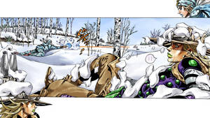 動畫角色在白樺樹的雪地森林中戰鬥。 — 雪人 壁紙